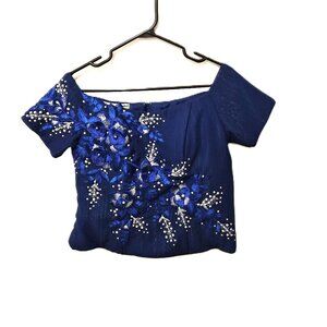Cobalt Blue Couture Boned Top Crystal&Pearl Embroidered Cropped Bodice Pageant